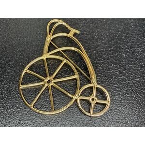 Large Gold Tone High Wheel Bicycle Brooch Pin Vintage